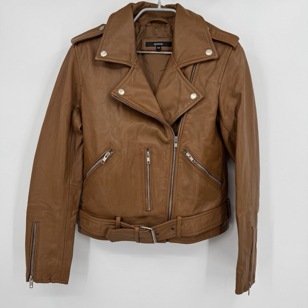 Quince Women's Cognac Leather Motorcycle Jacket size XS Sheep Leather Belted